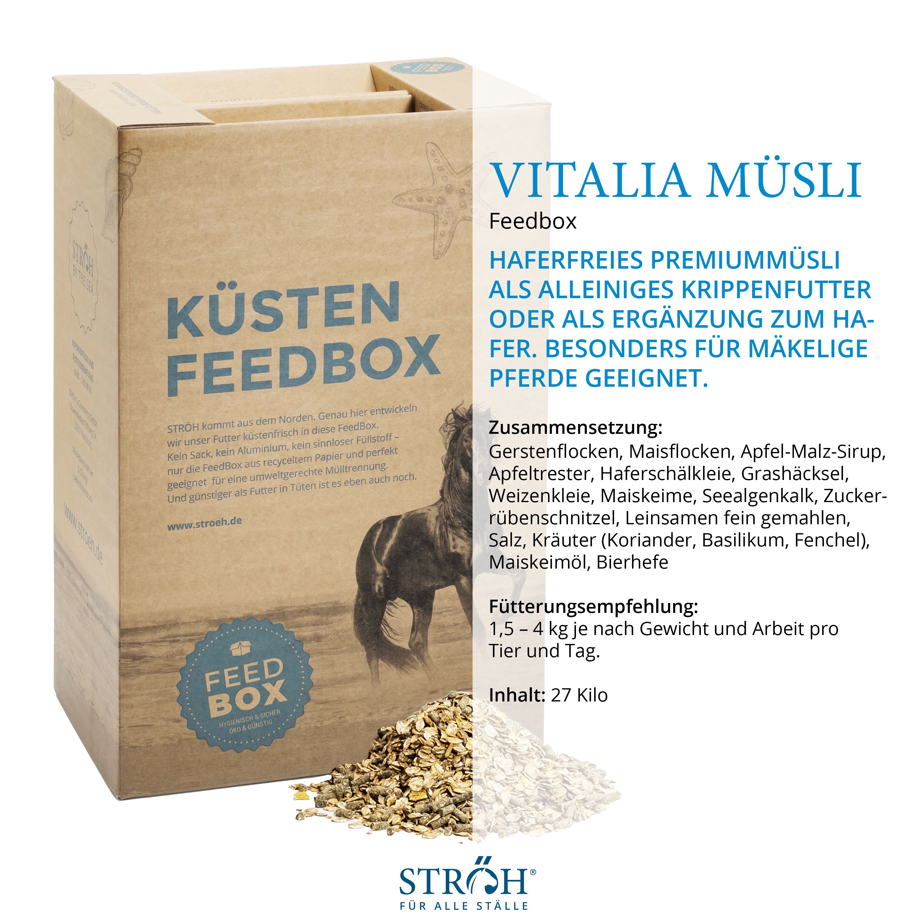 Karton "KÜSTEN FEEDBOX" mit Text und Müsli-Haufen. Text: "VITALIA MÜSLI Feedbox". Zutatenliste und Fütterungsempfehlung. Marke: STRÖH.