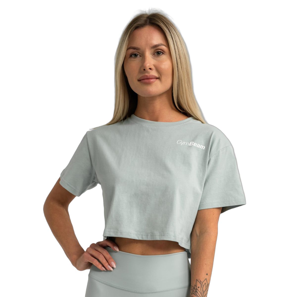 GymBeam T-Shirt Damen cropped loose Kurzarm mit Rundhalsausschnitt Eucalypt 1 St