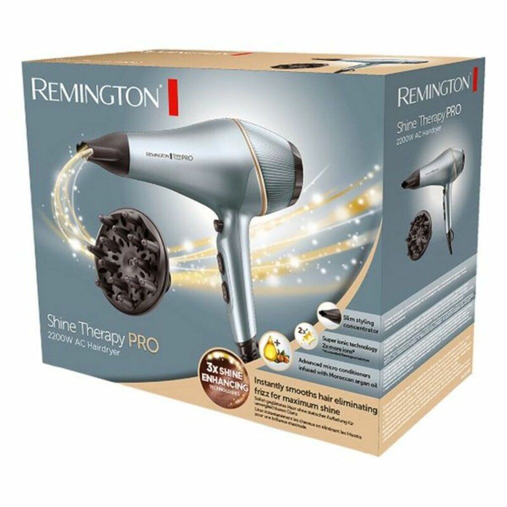 Haartrockner in Verpackung. Marke Remington Shine Therapy PRO. Zubehör: Diffusor.