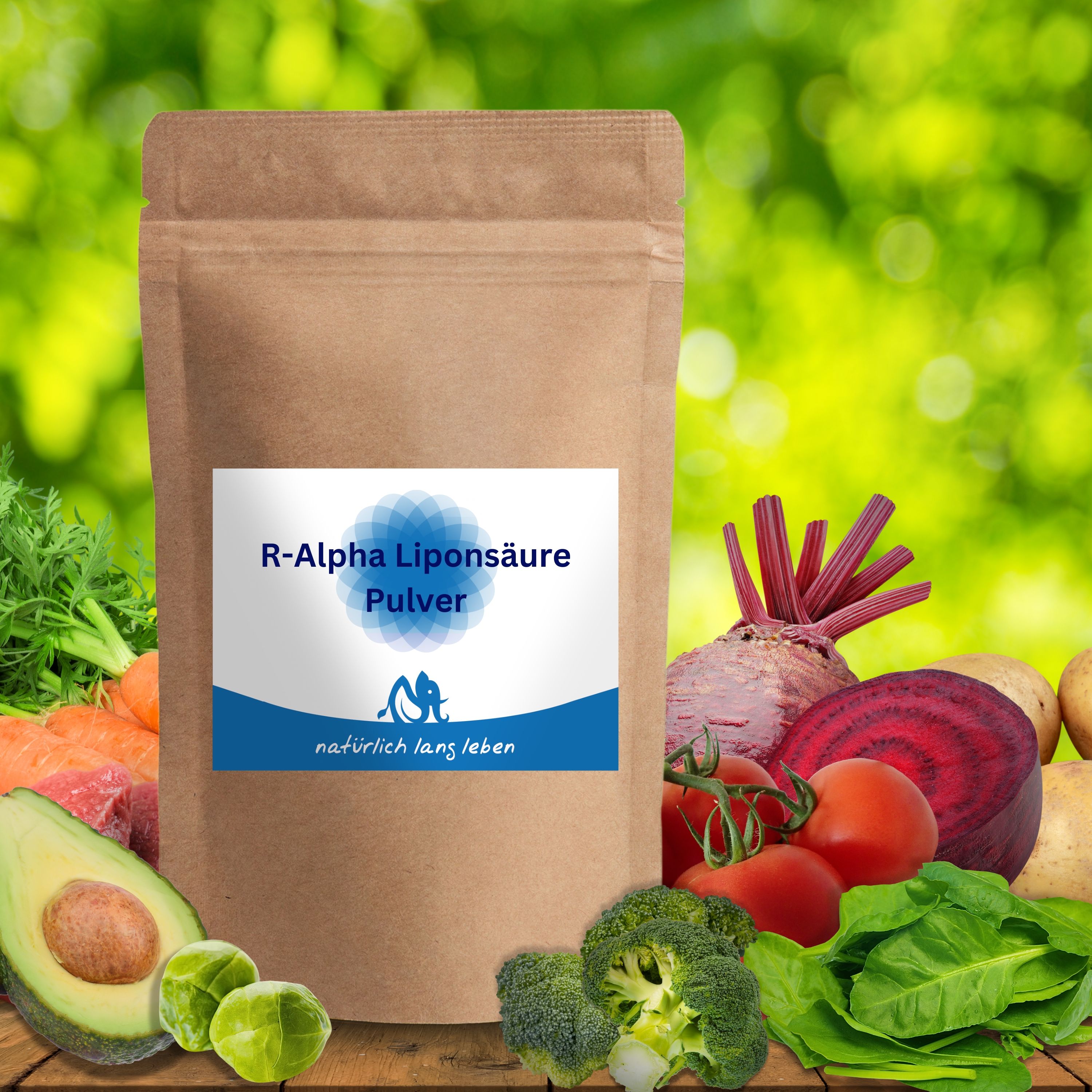 Braune Pulverpackung mit blau-weißem Etikett. Aufschrift: R-Alpha Liponsäure Pulver. Logo: stilisierter Elefant. Umgeben von Gemüse.