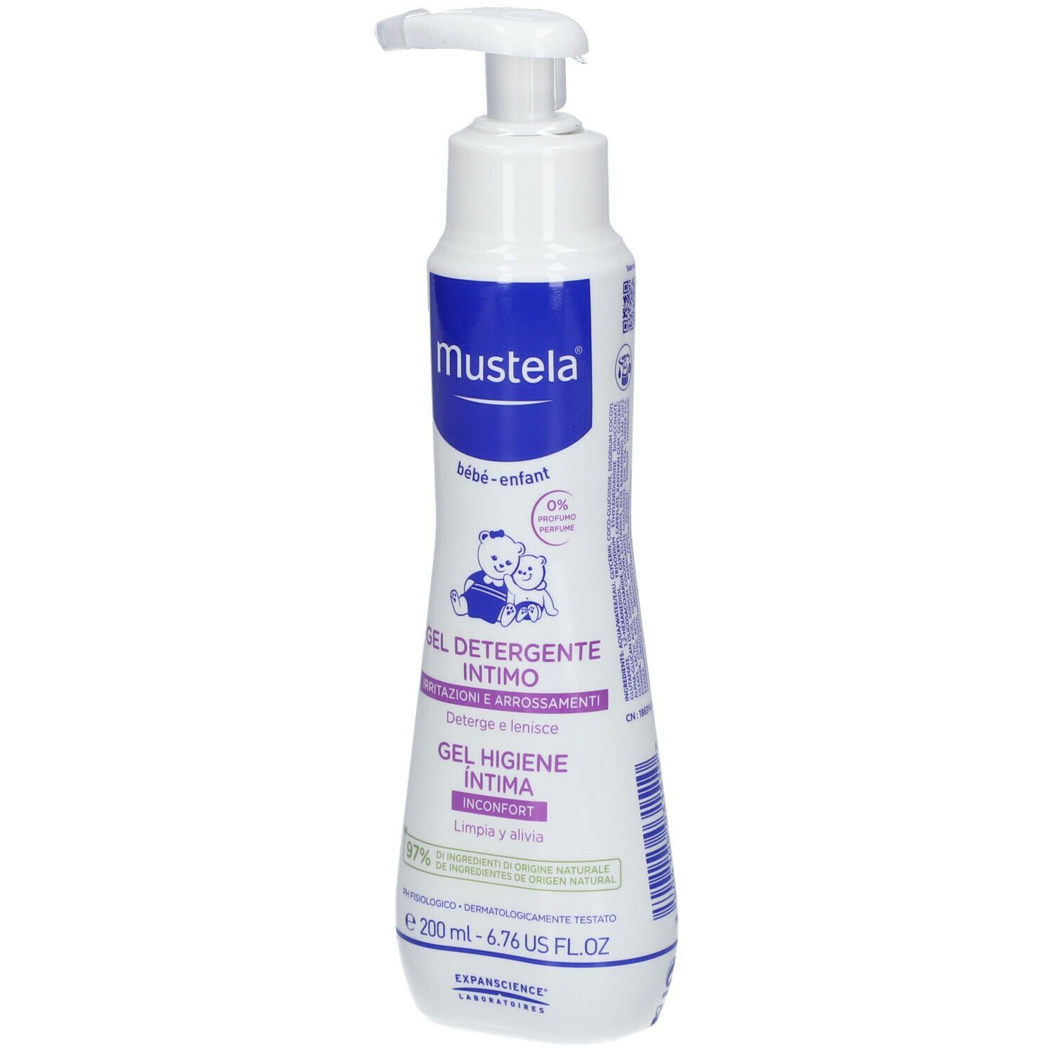 Flacone bianco con dosatore a pompa. Etichette blu con testo: Mustela, bébé-enfant, Gel Detergente Intimo.