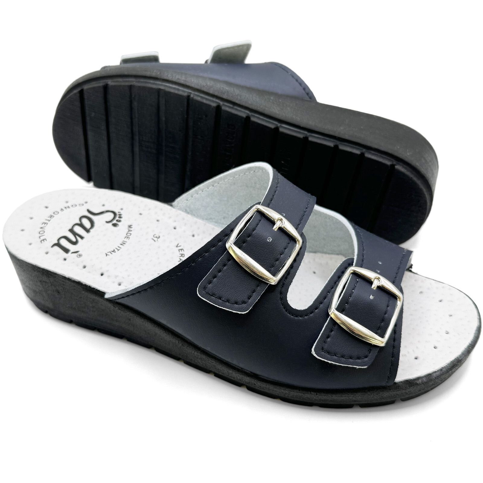 Sanì Ciabatte in Vera Pelle con Doppia Fascia e Fibbia Regolabile