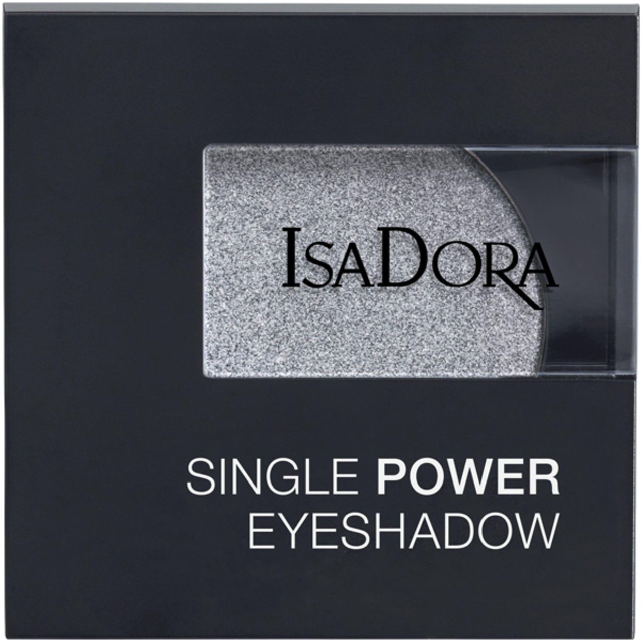 IsaDora Single Power Lidschatten. Schwarze quadratische Verpackung mit silbernem Lidschatten. Markennamen und Produktbezeichnung auf dem Deckel.