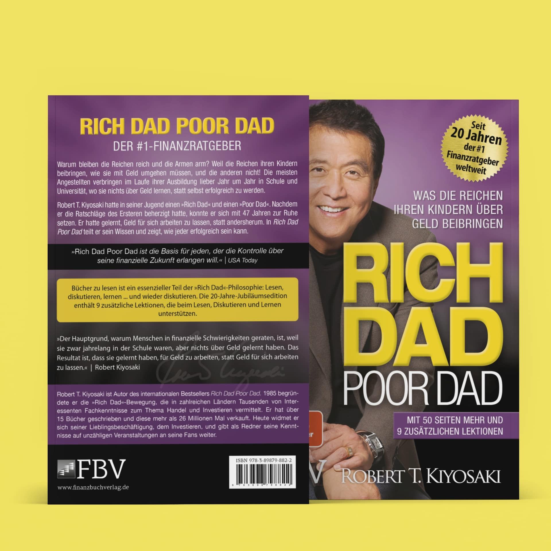 Buch "Rich Dad Poor Dad" mit Autor Robert T. Kiyosaki. Rückseite mit Text. Gelber Titel auf violettem Hintergrund.