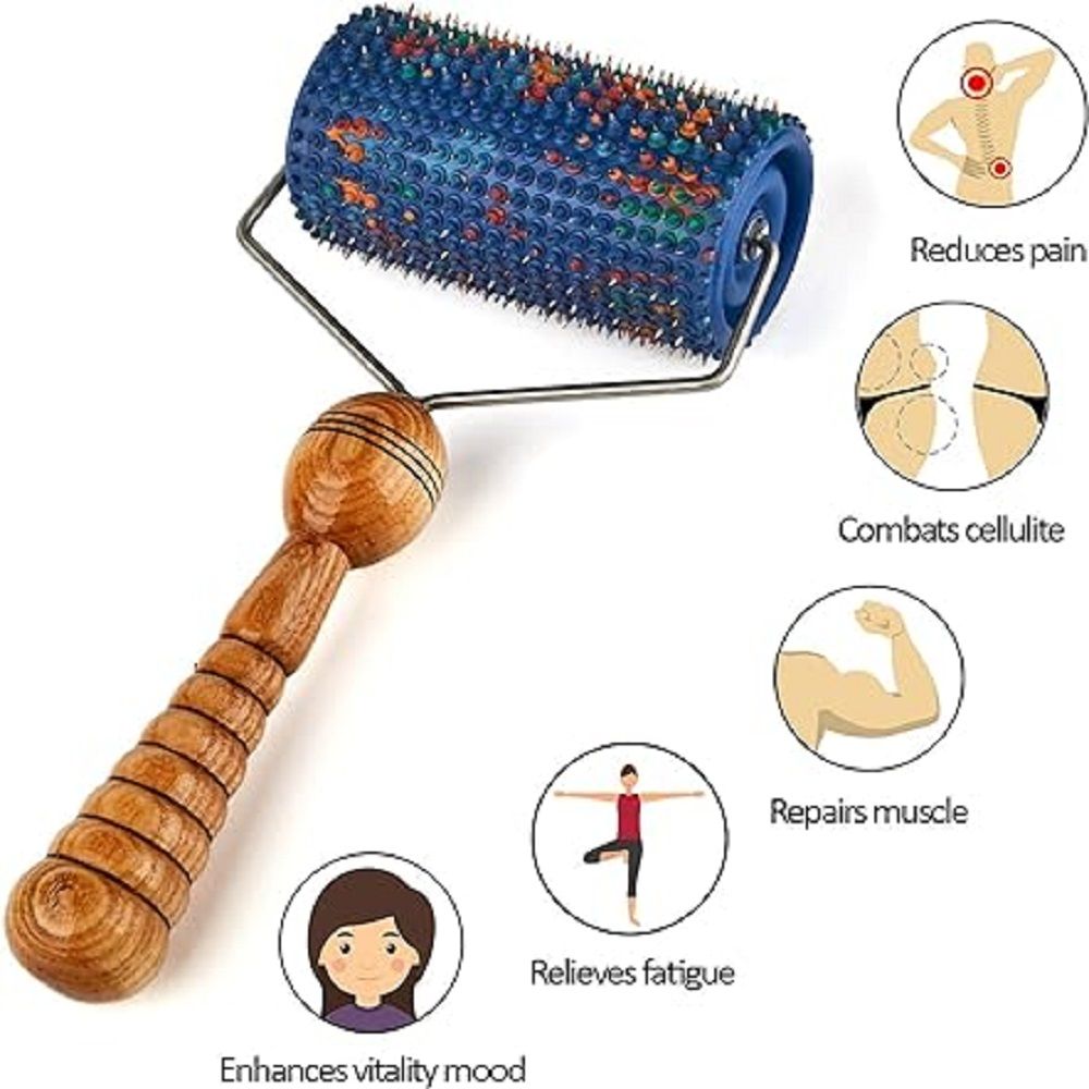 Massagegerät mit blauer Walze und Holzgriff. Abbildungen zeigen Wirkungen: Schmerzlinderung, Cellulite-Bekämpfung, Muskelreparatur, Ermüdungsreduktion, Stimmung.