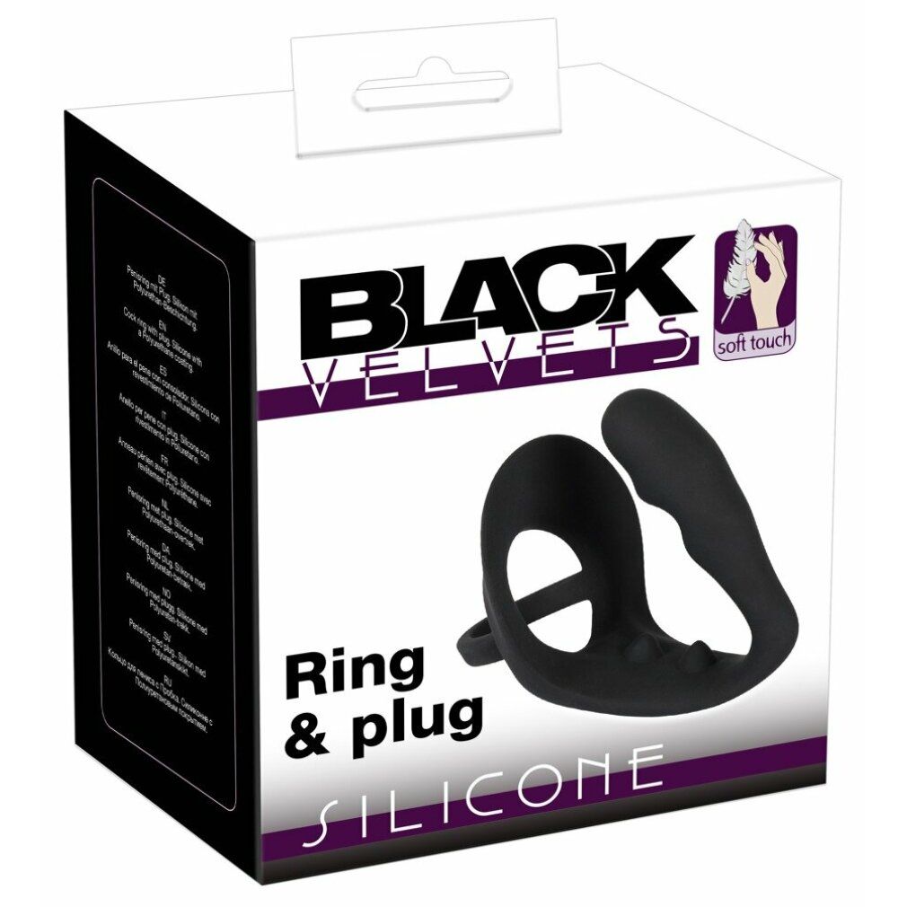Verpackung von Black Velvets. Enthält einen Penis-/Hodenring mit Analplug aus Silikon.