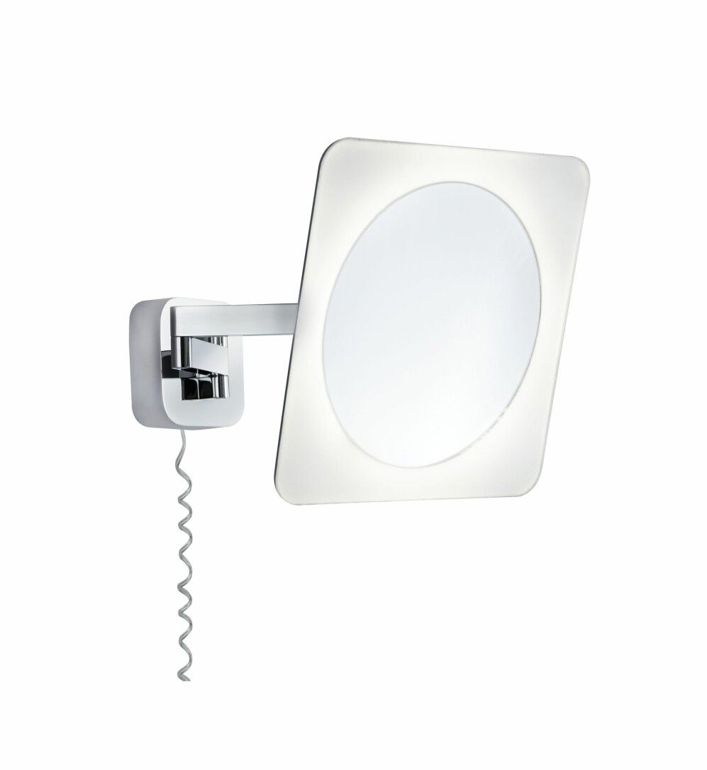 Kosmetikspiegel mit LED-Beleuchtung, quadratisch mit abgerundeten Ecken, Chrom, mit flexiblem Arm und Spiralkabel.