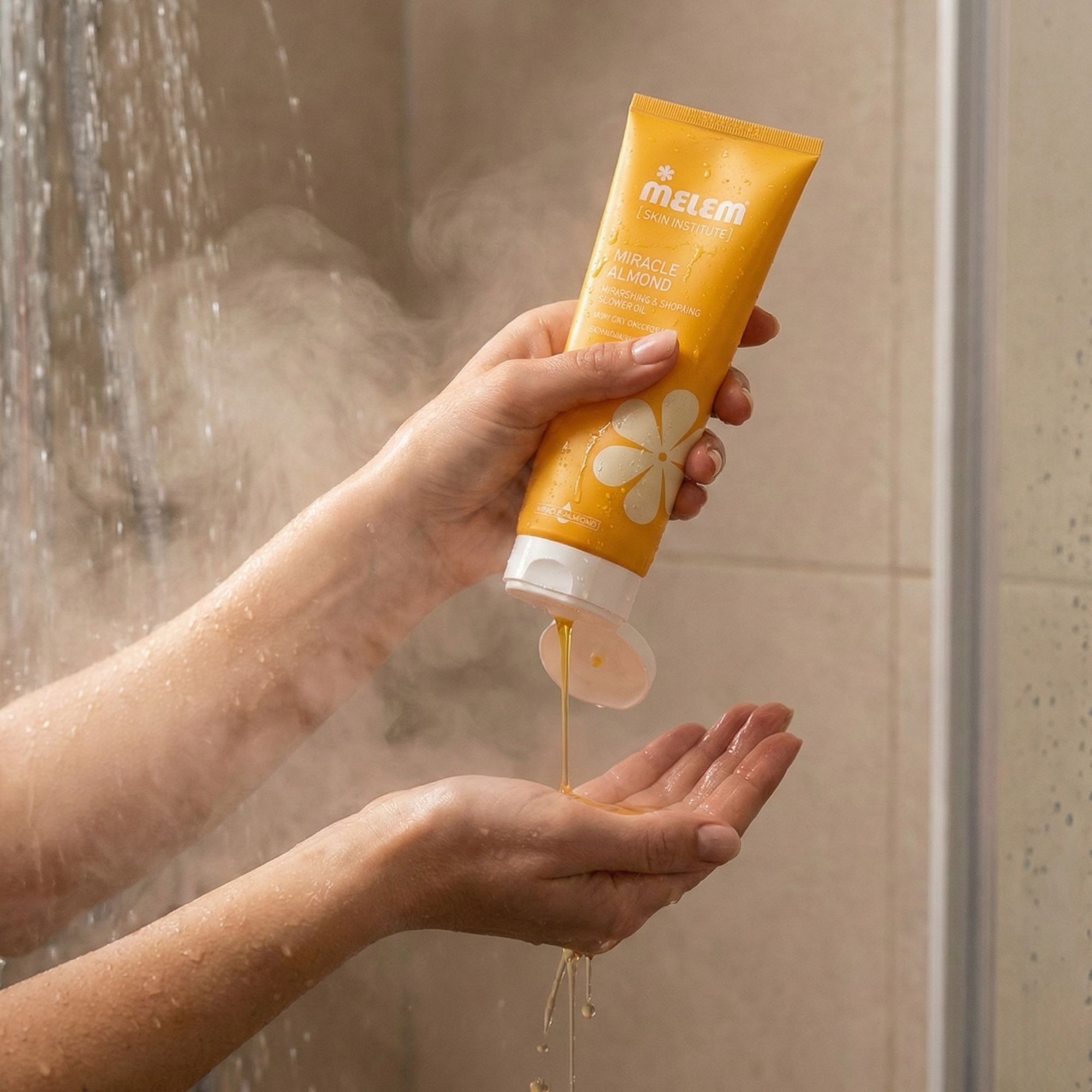 Gelbe Tube, Produkt von Melem, wird in die Hand gedrückt. Aufschrift: Miracle Almond. Duschöl fließt in die Hand.