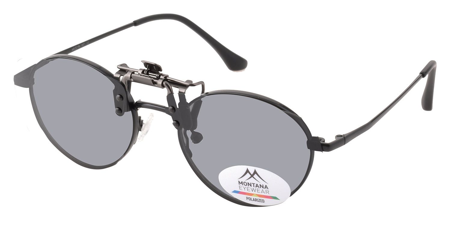 Montana Eyewear Mauritius Clip-on-Sonnenbrille. Runde Gläser, grau getönt. Schwarzer Rahmen. Logo.