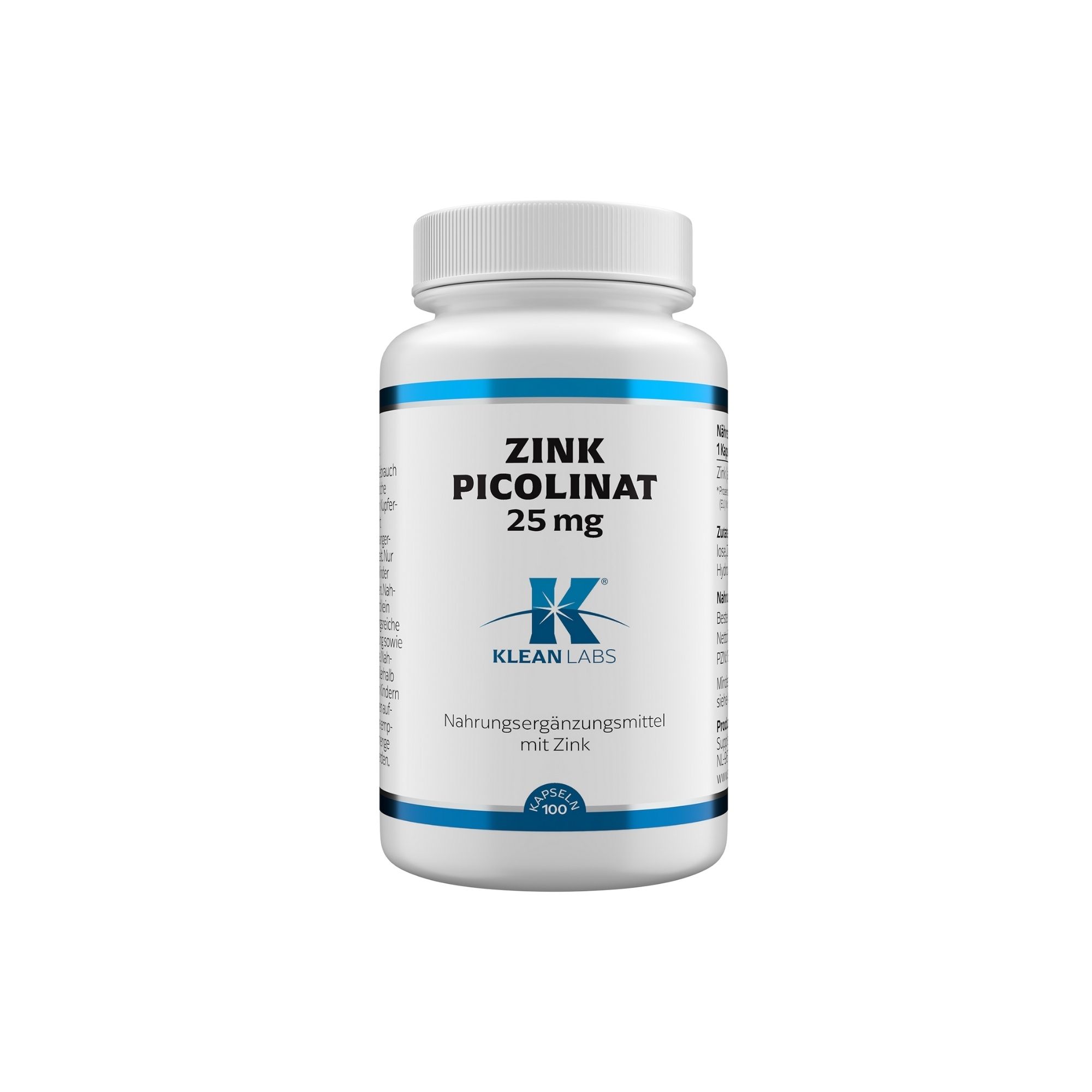 Weiße Kapsel mit blauen Akzenten, beschriftet mit ZINK PICOLINAT 25 mg und Klean Labs Logo.