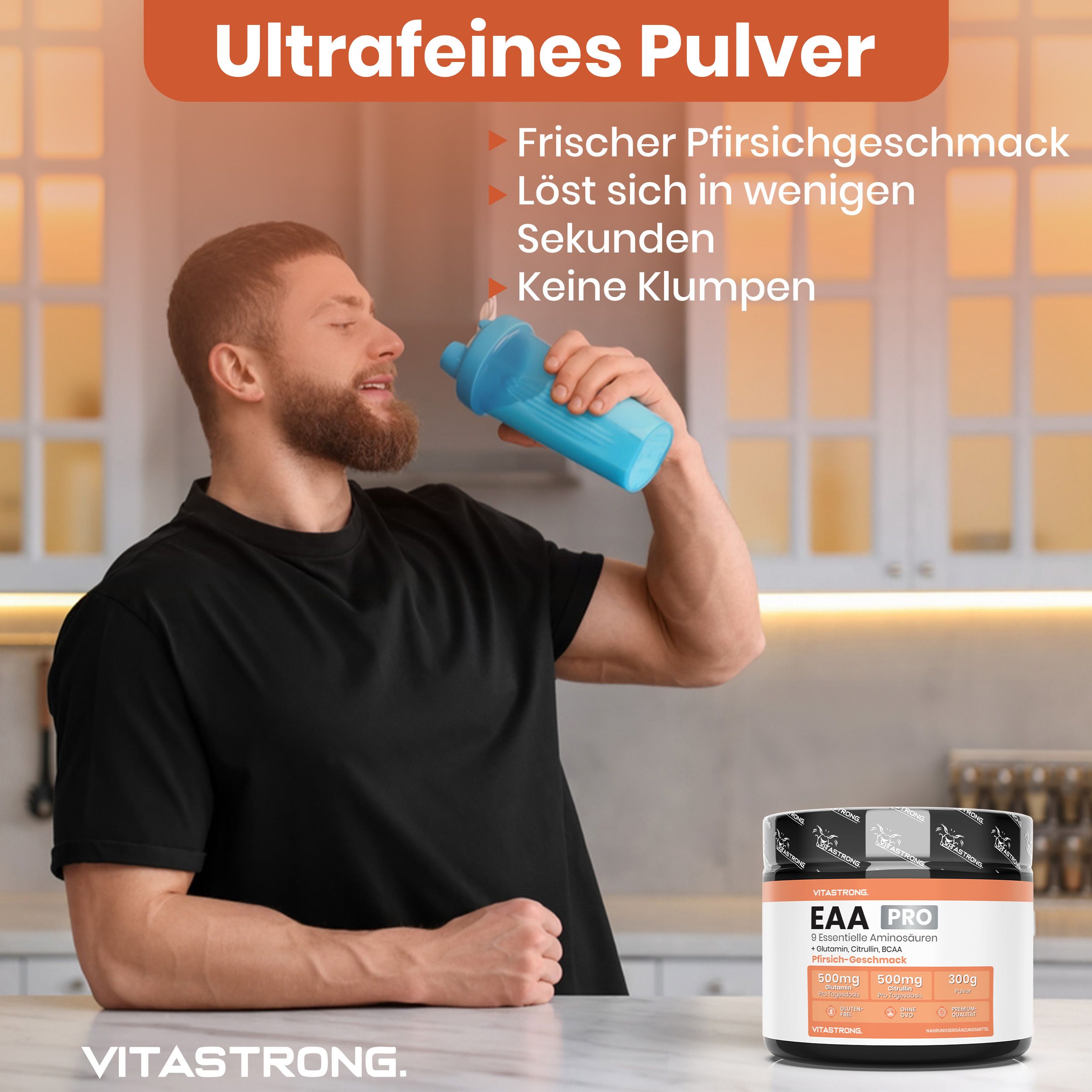 Vitastrong EAA Pro, Dose. 9 Aminosäuren, BCAA, Glutamin. Pfirsich-Geschmack. Mann trinkt aus Shaker.