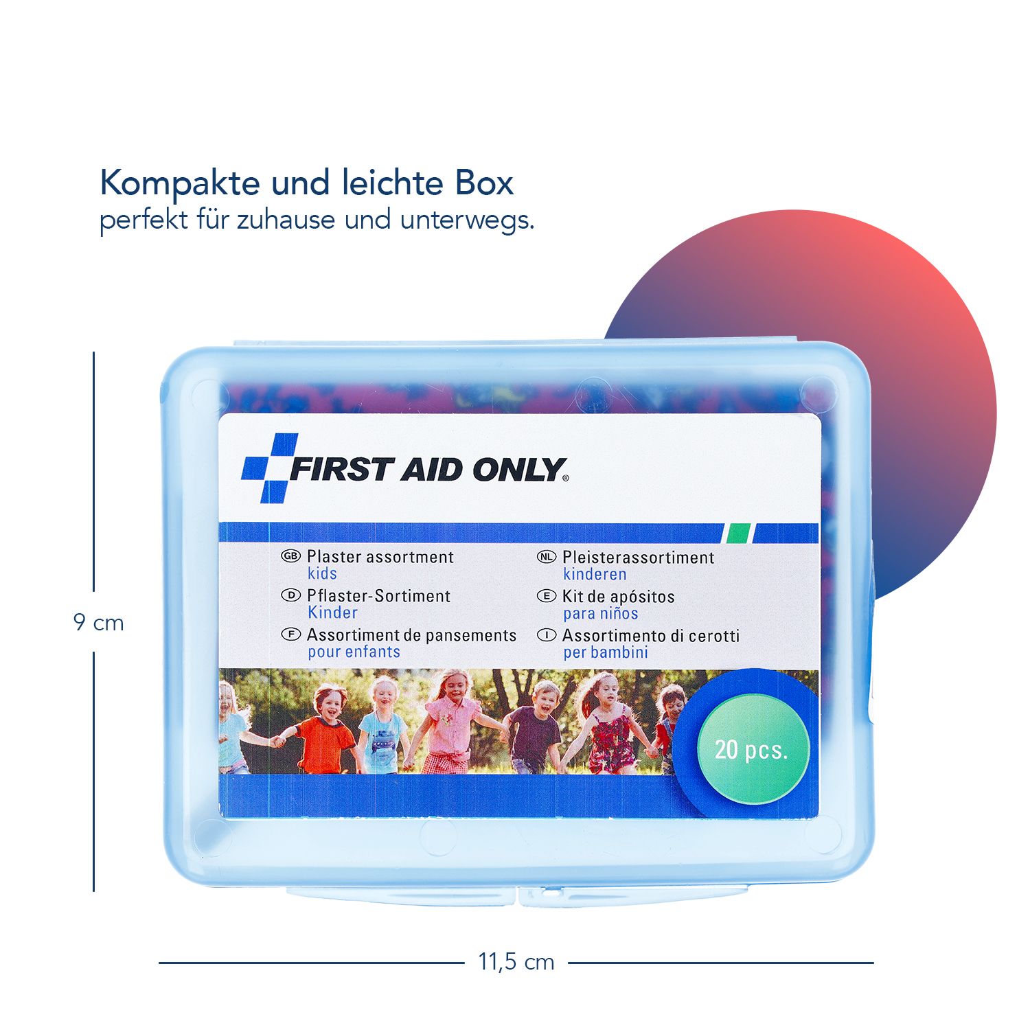 Blaues Pflaster-Sortiment für Kinder. Abmessungen: 11,5 x 9 cm. Enthält 20 Pflaster. Marke: FIRST AID ONLY.