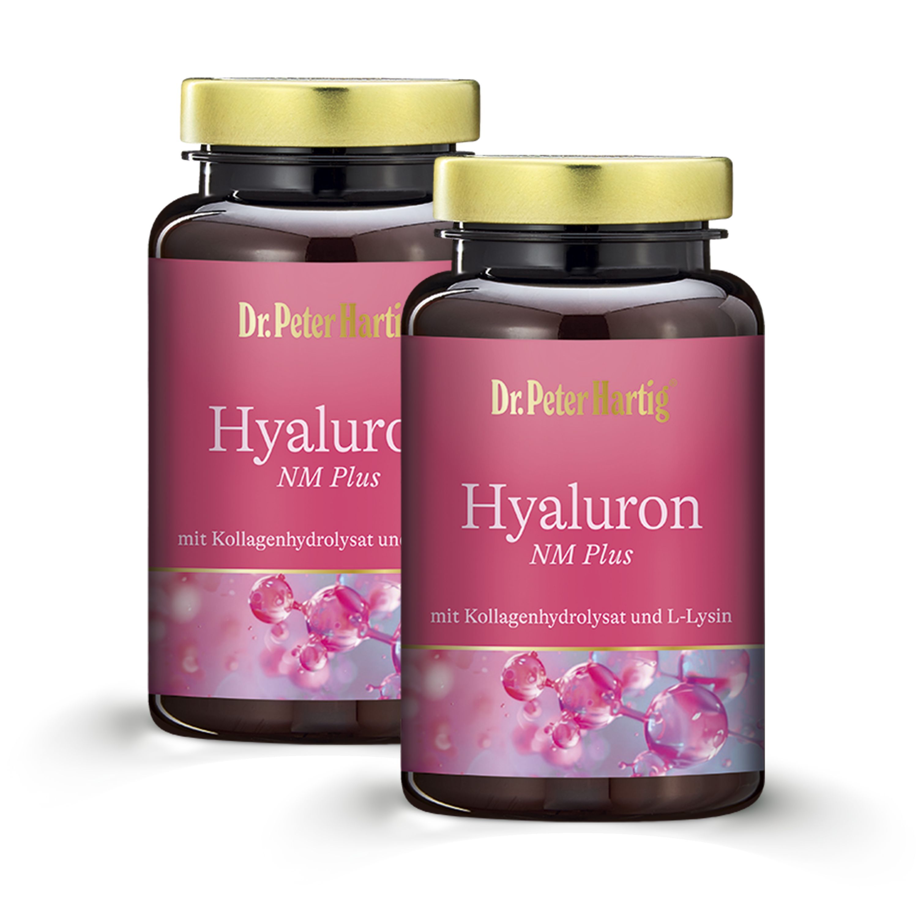 Zwei Flaschen Dr. Peter Hartig Hyaluron NM Plus. Braune Glasflaschen mit goldenen Deckeln und rosa Etiketten.
