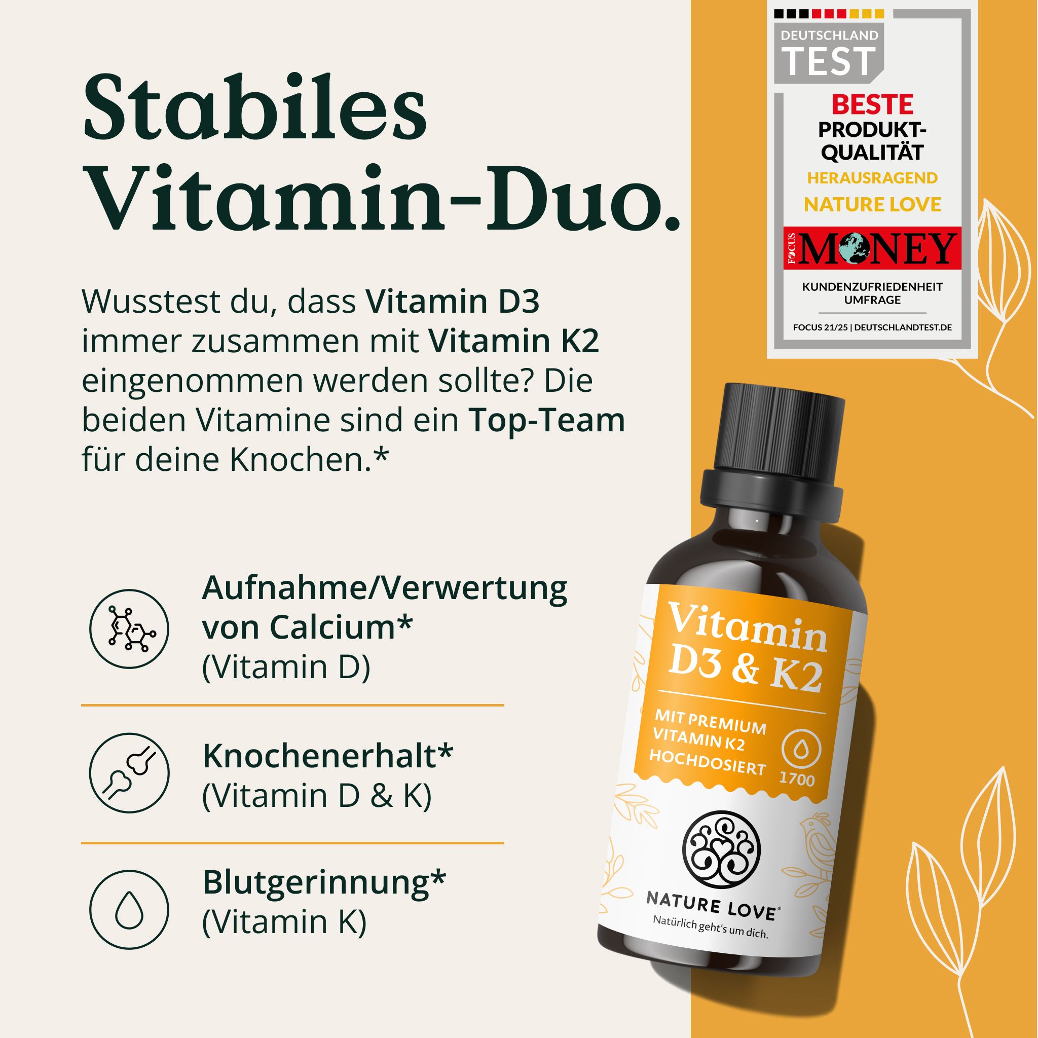 NATURE LOVE Vitamin D3 & K2: Unterstützt Calciumaufnahme, Knochenerhalt und Blutgerinnung.