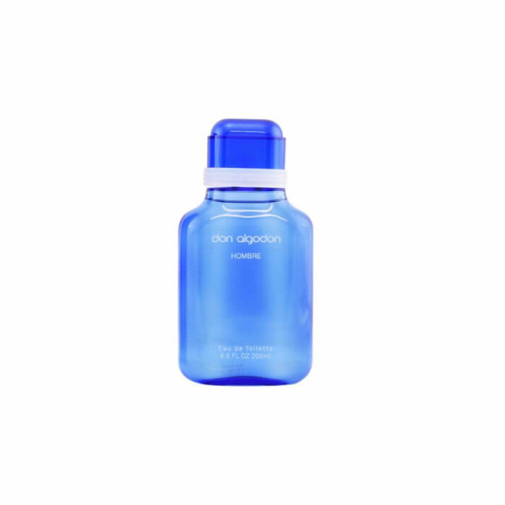 Blaues Eau de Toilette Flakon mit weißem Verschluss. Aufschrift: Don Algodón Hombre.