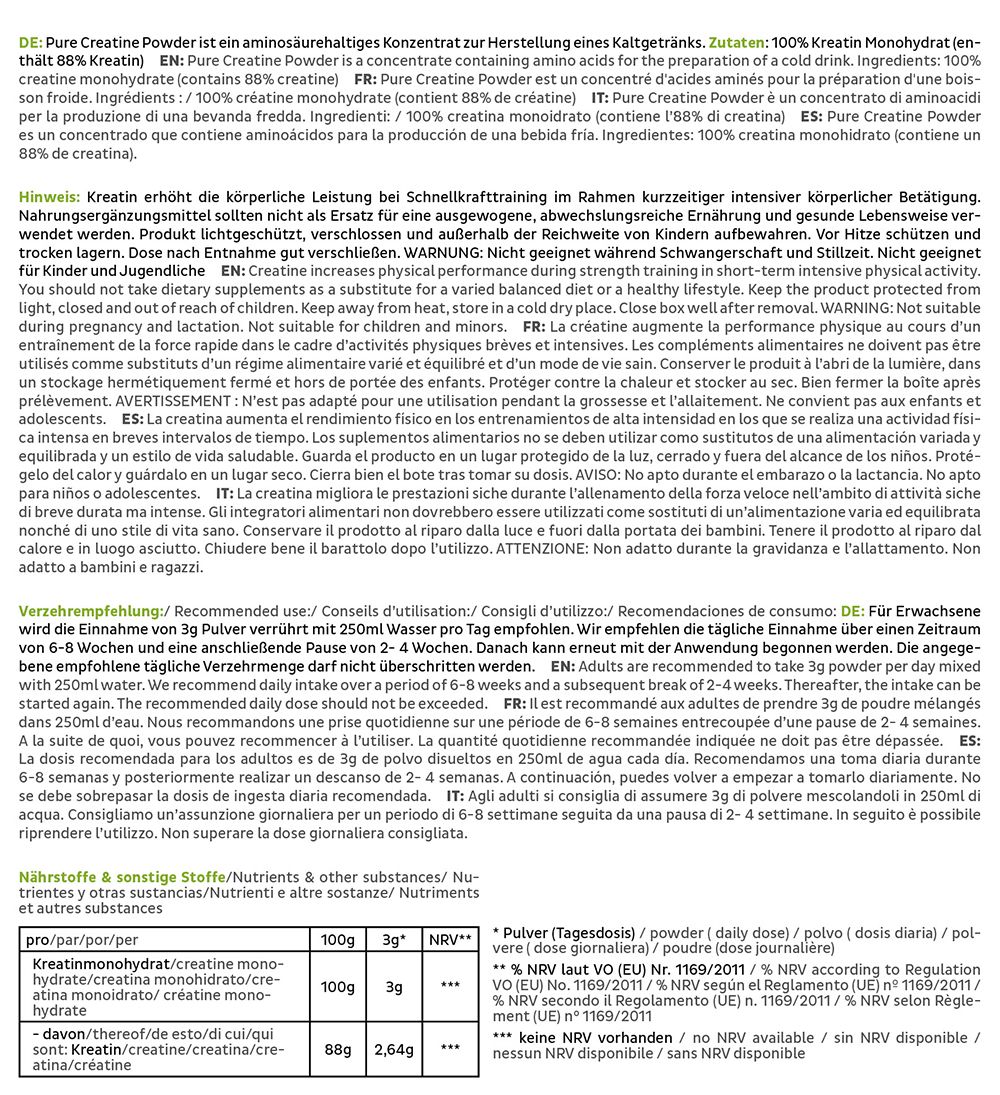 Rückseite FAIRNATURAL Kreatin Pulver Monohydrat 500g mit Nährwertangaben und Siegeln.