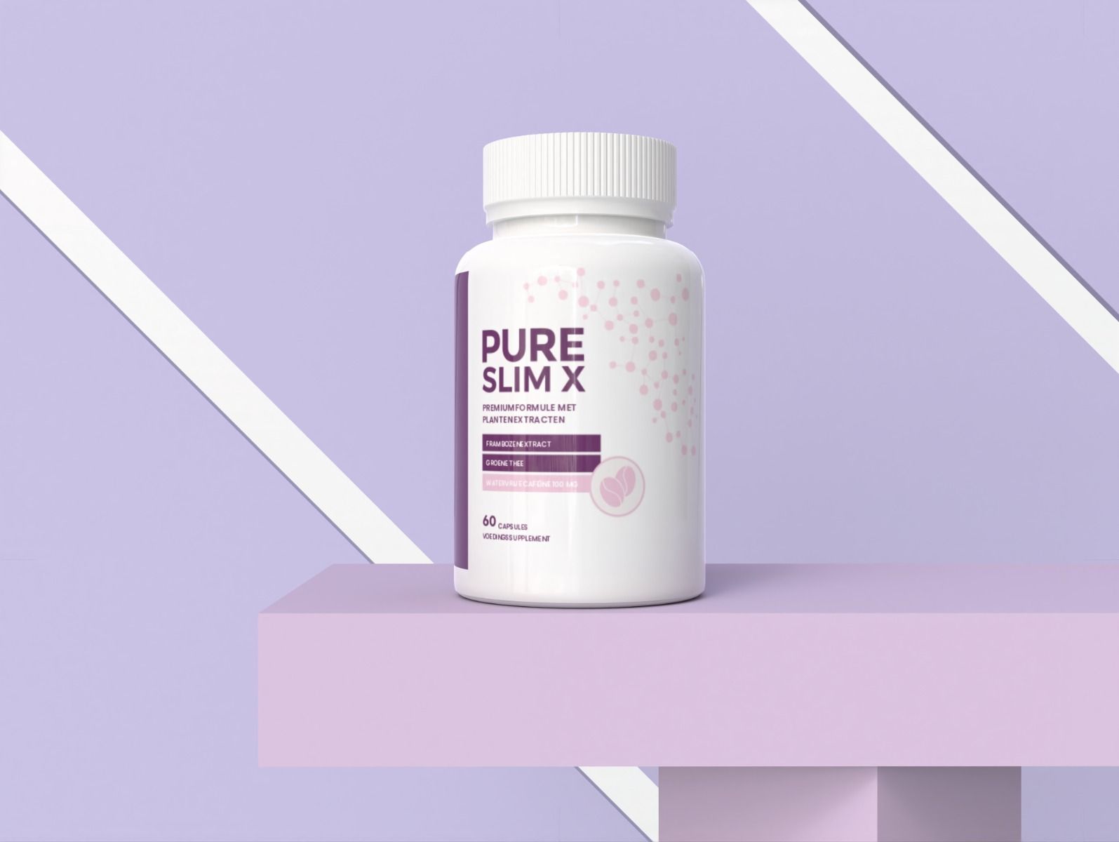 Weiße Flasche mit lila Etikett. Aufschrift: Pure Slim X, Inhaltsstoffe. 60 Kapseln. Nahrungsergänzungsmittel. Auf rosa Podest.