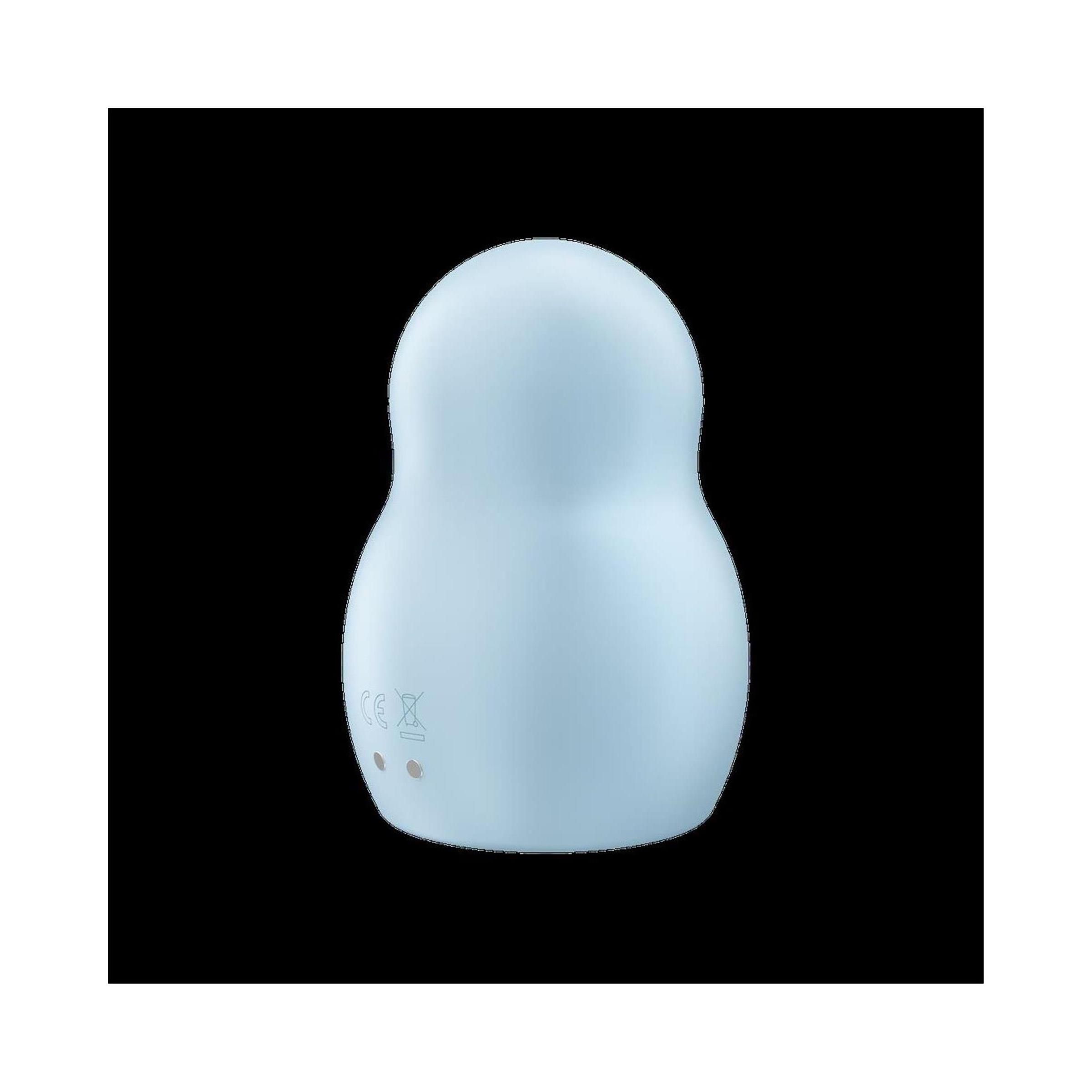 Hellblaues, eiförmiges Gerät. Der Hintergrund ist schwarz. Auf der Oberfläche ist ein Logo eingeprägt.
