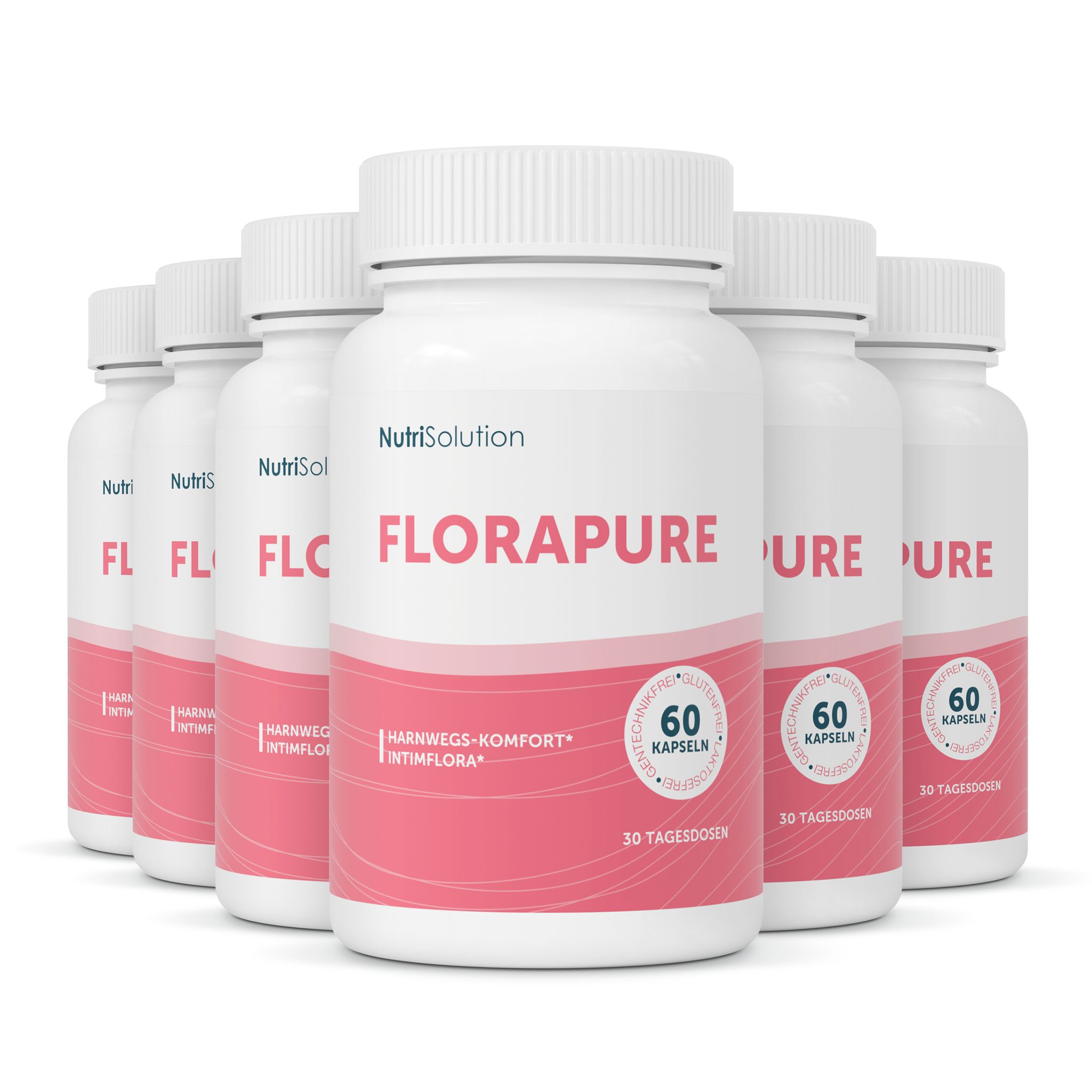 Sechs Flaschen NutriSolution FloraPure mit je 60 Kapseln.