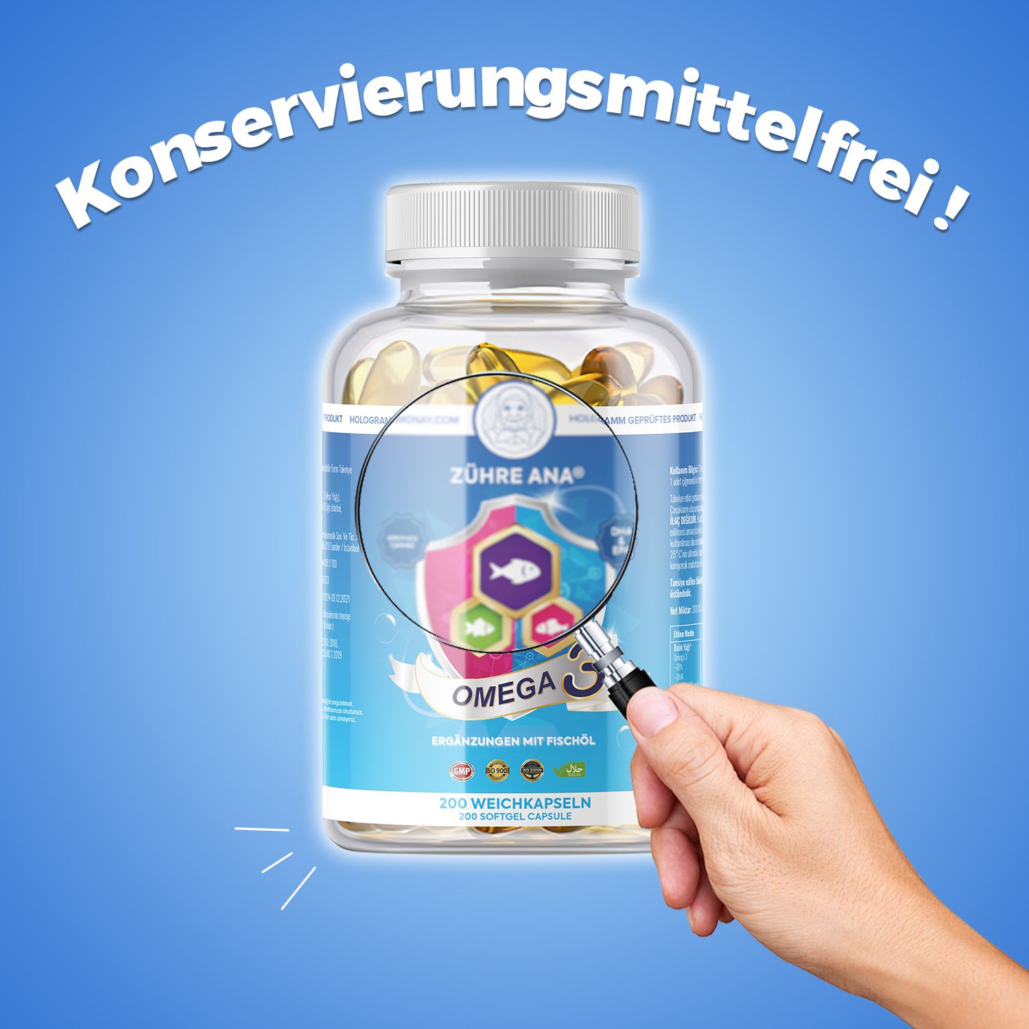 Lupe untersucht Flasche Zühre Ana Omega 3 Fischöl auf blauen Hintergrund. "Konservierungsmittelfrei!".