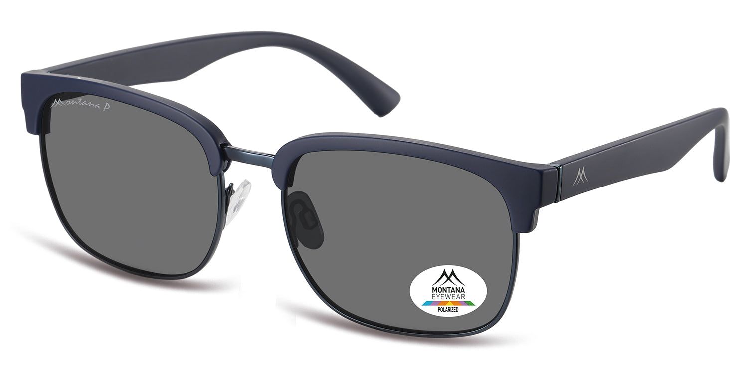 Sonnenbrille, dunkelblau, graue Gläser. Montana Eyewear Logo auf Glas und Bügel. Metallrahmen, schräge Perspektive.
