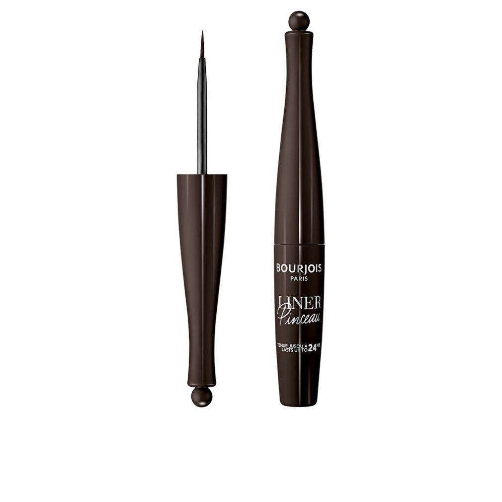 Brauner Eyeliner mit Pinsel. Flasche mit Schriftzug: Bourjois, Liner Pinceau, 24h. Pinsel herausgezogen.