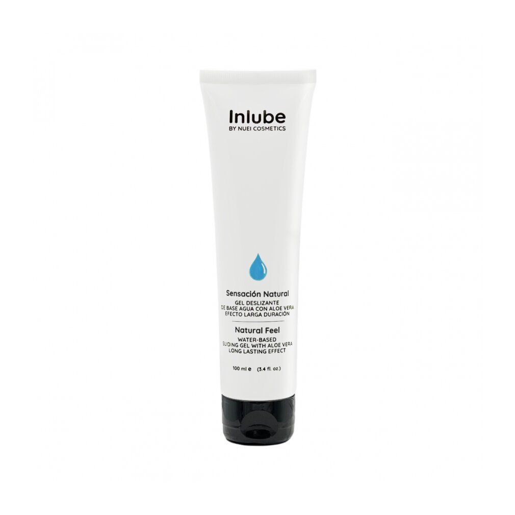 Weiße Tube mit schwarzem Deckel. Aufschrift: Inlube, Sensación Natural, Natural Feel. Tropfensymbol. Text in Spanisch und Englisch.