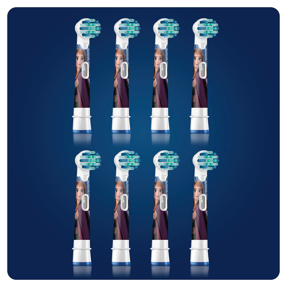 Acht Oral-B Kids Frozen Aufsteckbürsten. Jede Bürste zeigt Anna aus Frozen. Blaue und weiße Borsten.