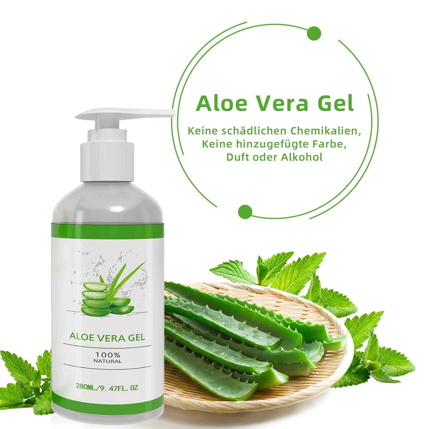 Aloe Vera Gel Flasche mit Spender, umgeben von Aloe Vera Blättern und Minze. Aufschrift: Aloe Vera Gel, 100% natürlich.