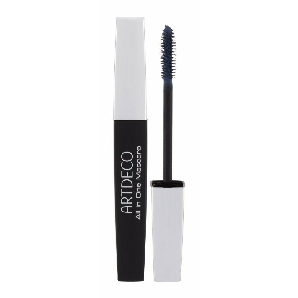 Schwarze Mascarahülse mit weißem Griff und blauer Bürste. Aufschrift: ARTDECO All in One Mascara. Bürste steht.