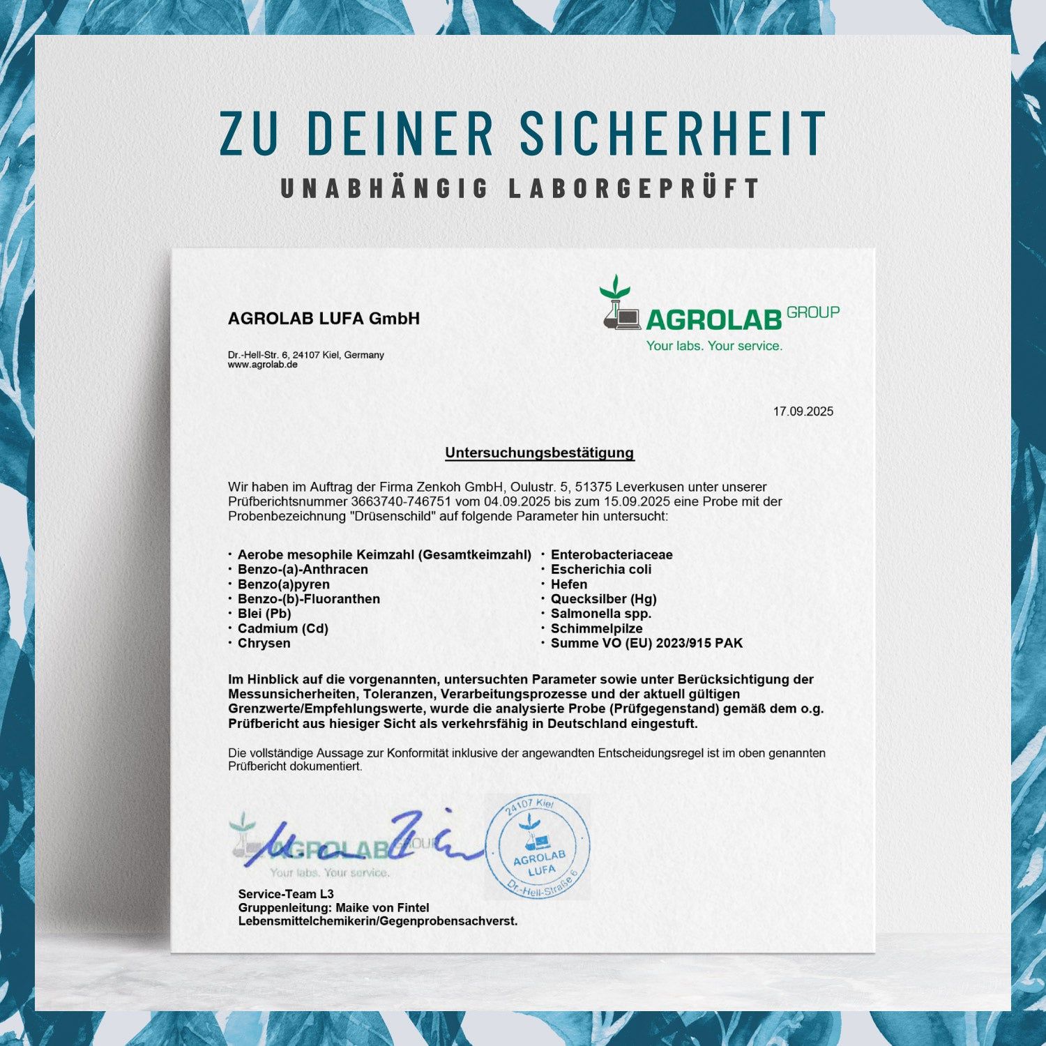 Zertifizierungsdokument von Agrolab LUFA GmbH. Unterschrift. Text: Untersuchungsergebnis, Parameter, Konformität.