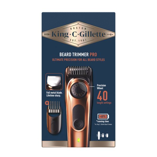 Verpackung mit Barttrimmer Pro. Goldfarbenes Gerät mit Präzisionsrad und 40 Längeneinstellungen. Enthält Aufsätze und Text.