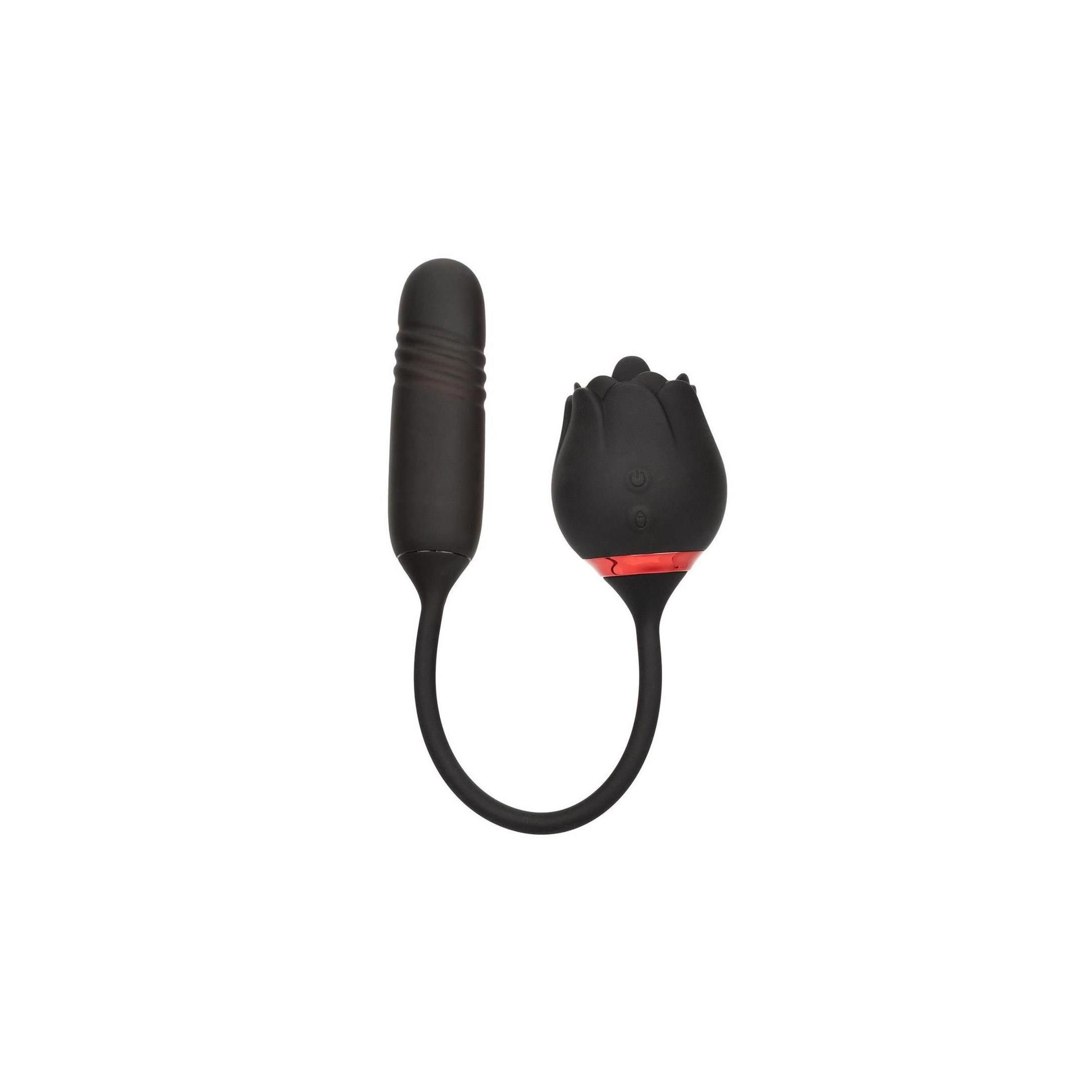 Schwarzes Wellness-Produkt mit Rosenkopf und Vibrator. Beide Teile durch einen flexiblen Stiel verbunden.