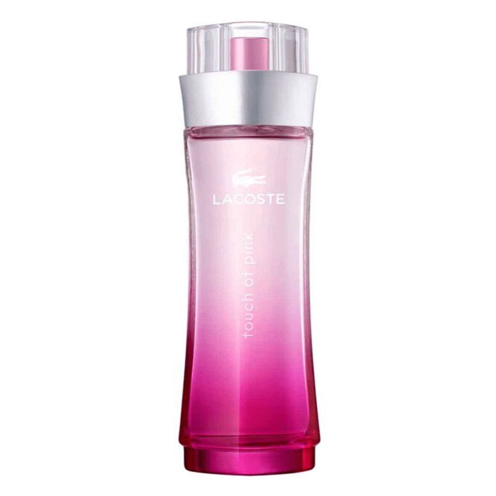 Lacoste Touch of Pink Eau de Toilette Flakon mit silbernem und klarem Verschluss. Rosa Farbverlauf.