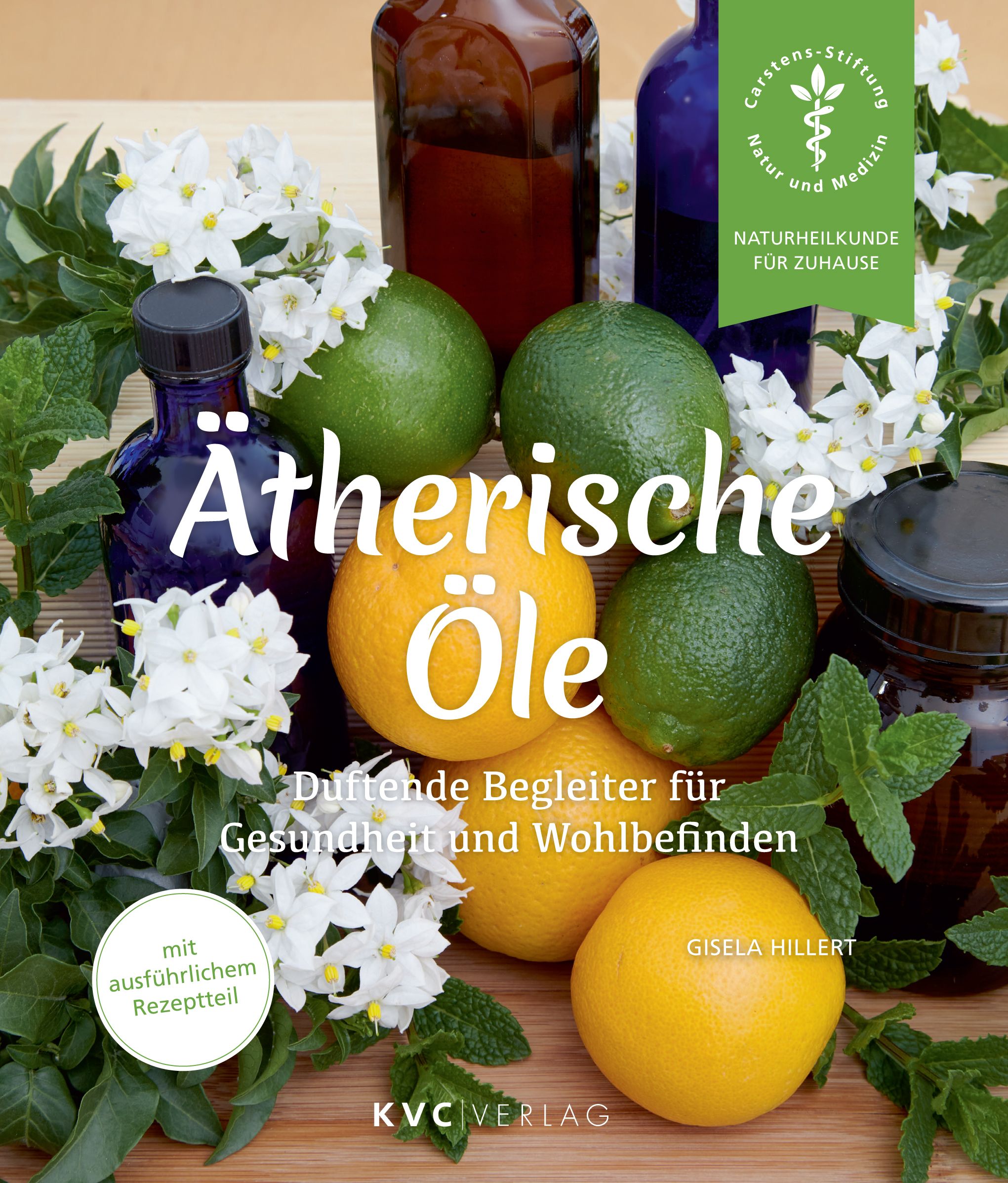 Buch "Ätherische Öle" mit Zitrusfrüchten und Blüten. Logo "Carstens-Stiftung".