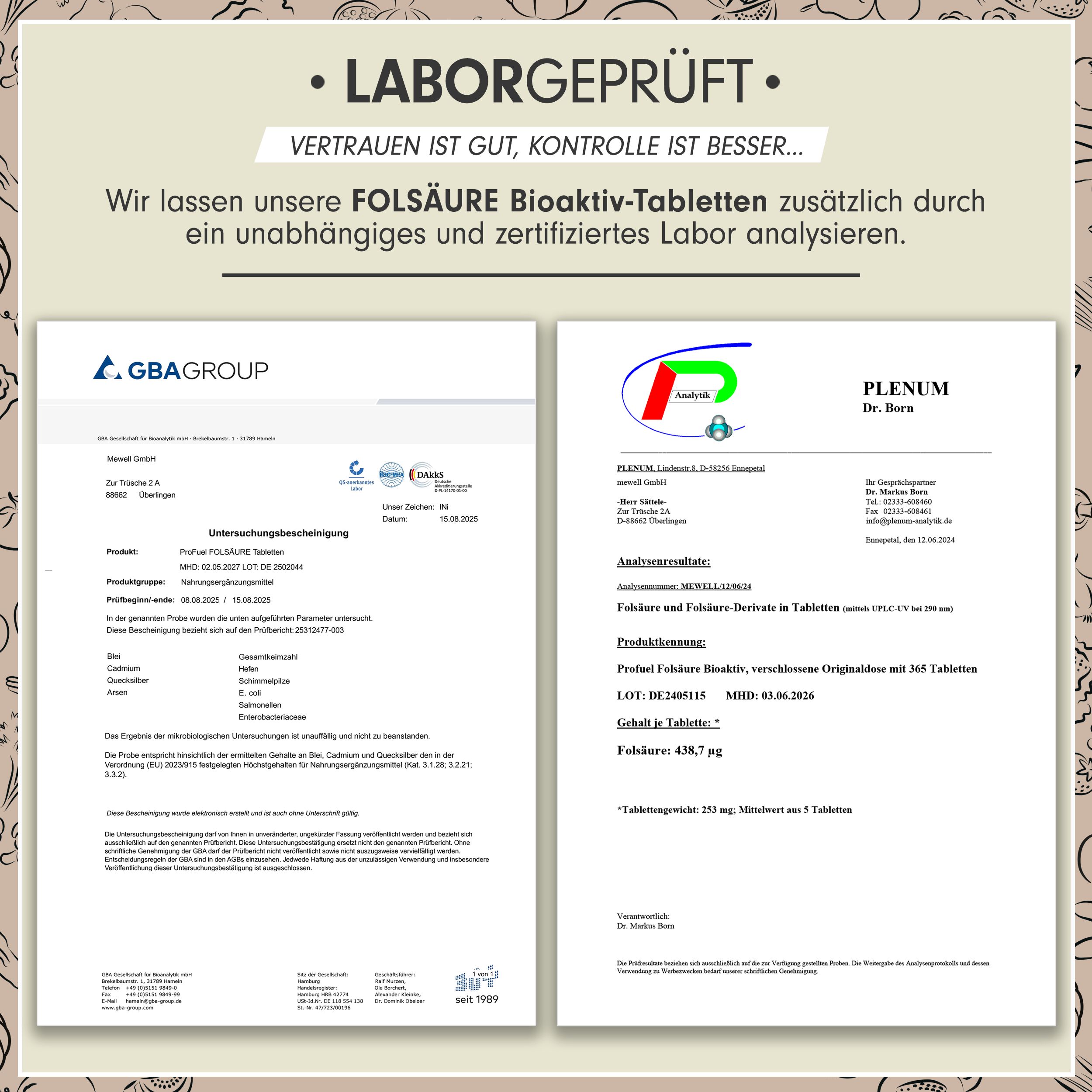 Zwei Laborzertifikate. Bestätigen die Qualität der Folsäure BIOAKTIV Tabletten. Enthält Testergebnisse.