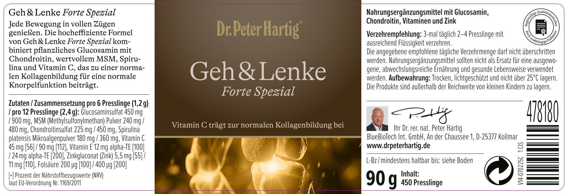 Etikett von Geh & Lenke Forte Spezial. Enthält Informationen zu Inhaltsstoffen, Dosierung und Hersteller. 90g, 450 Presslinge.