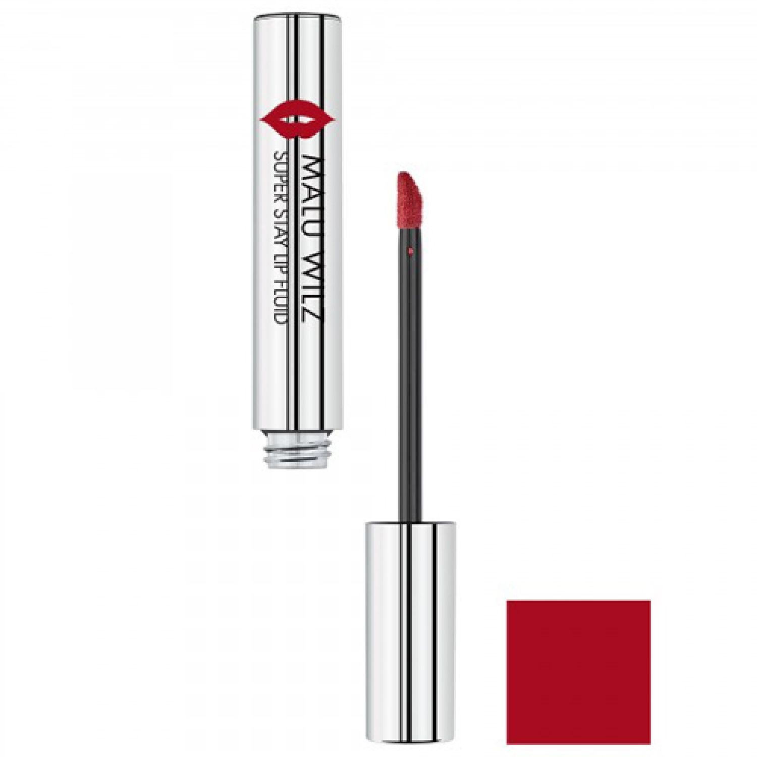 Lippen Super Stay Lip Fluid, 04 coral red. Silberne Hülse mit rotem Lippenstift-Applikator. Roter Farbfleck.