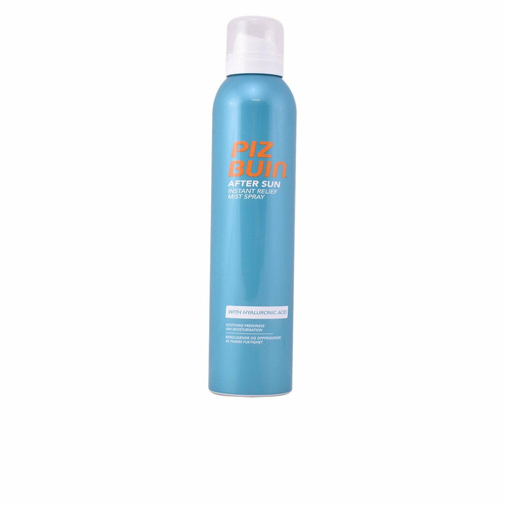 Türkisblaue Sprühflasche mit weißem Sprühkopf. Orangefarbener Schriftzug: Piz Buin. Text: After Sun Instant Relief Mist Spray. Mit Hyaluronsäure.