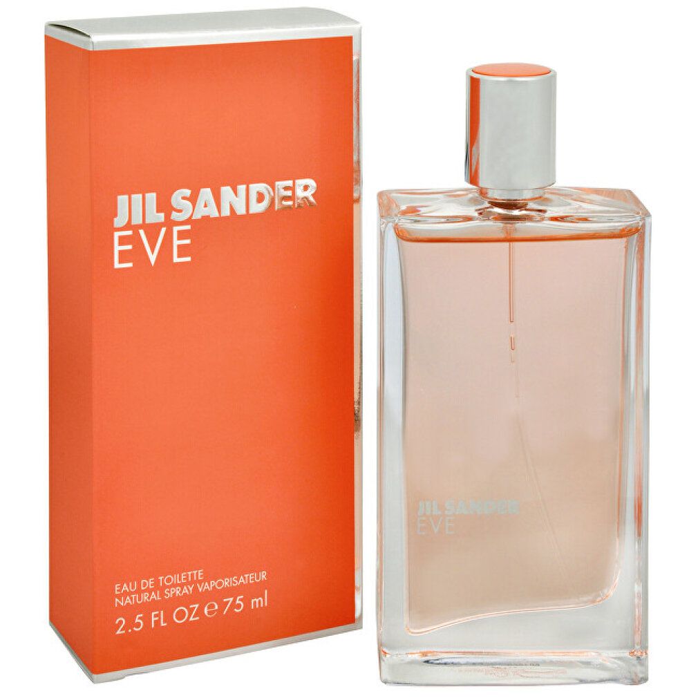 Jil Sander Eve Eau de Toilette Naturspray 75ml mit passender orangefarbener Verpackung.