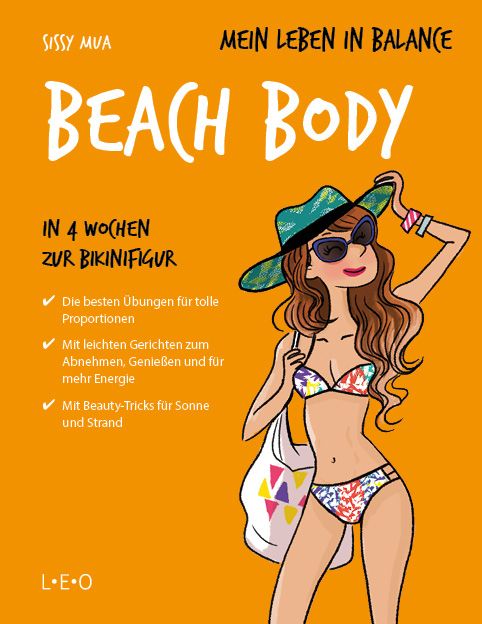 Buchcover: Mein Leben in Balance - Beach Body. Titel und Autor. Illustration einer Frau im Bikini. Orangefarbener Hintergrund.