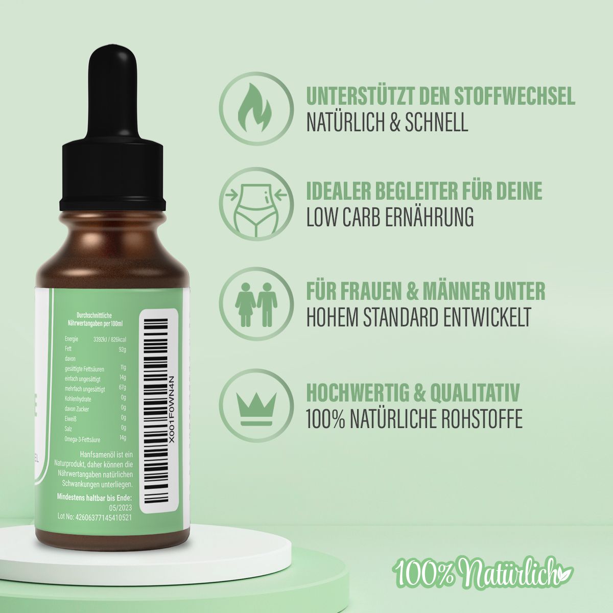 Braune Glasflasche mit schwarzem Tropfer. Rückseite mit Text und Icons. Text: Unterstützt den Stoffwechsel, Low Carb Ernährung, 100% Natürlich.