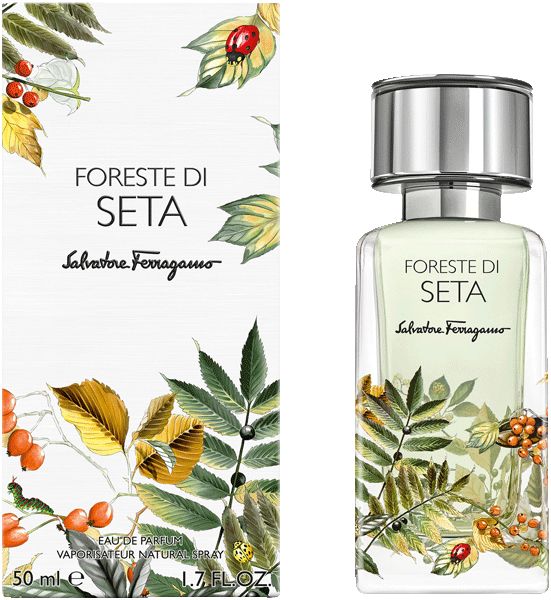 Salvatore Ferragamo Foreste di Seta EdP Nat. Spray. Flakon mit silbernem Deckel, neben Verpackung. Floral Design. Aufschrift: Foreste di Seta, Salvatore Ferragamo.