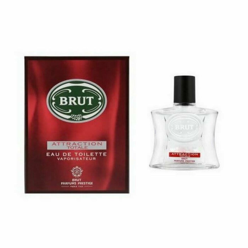Brut Attraction Totale Eau de Toilette Flakon und Verpackung. Rote Schachtel mit Logo.