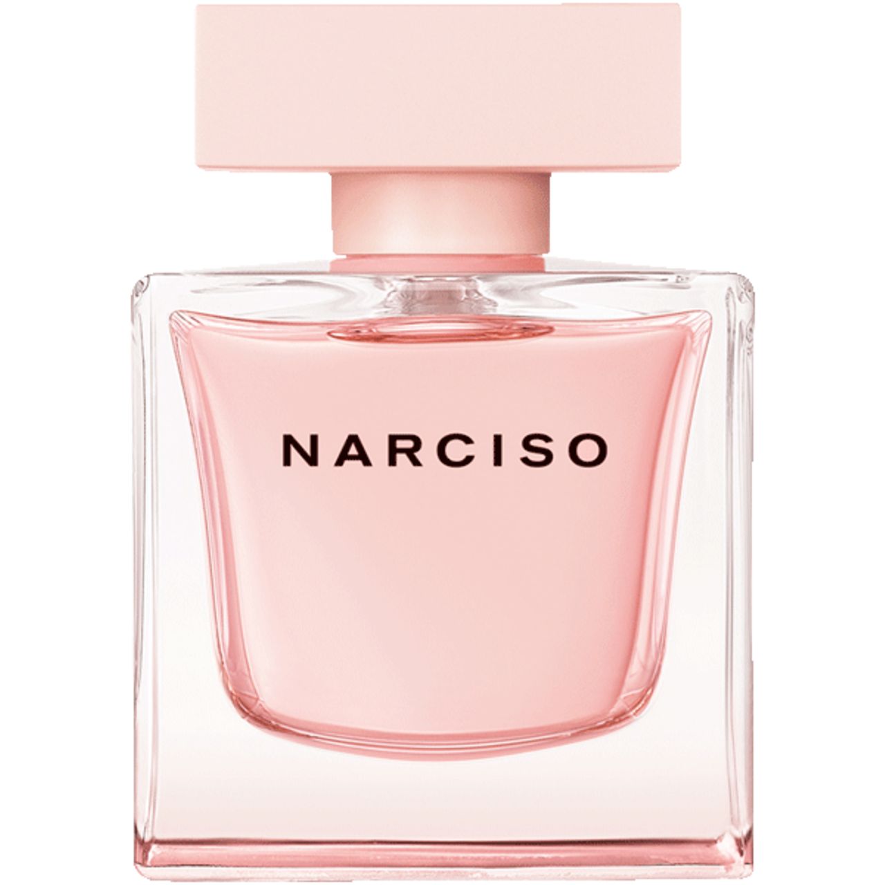 Rosa Parfümflasche. Aufschrift: Narciso. Quadratische Form mit rosa Verschluss. Klarer Glasflakon.