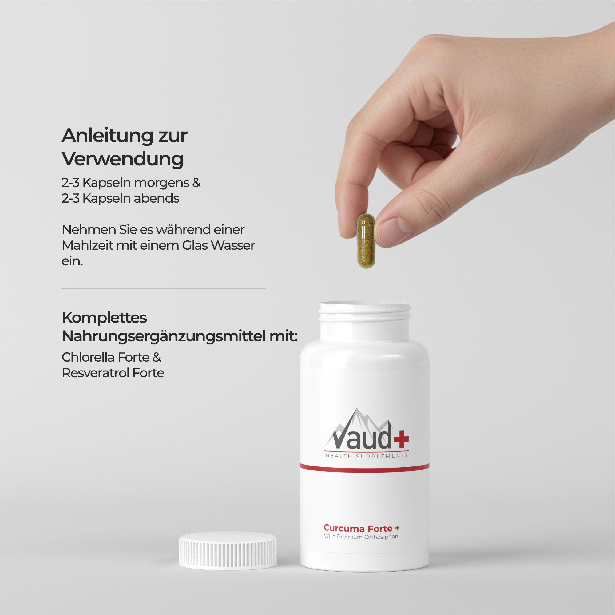 Hand hält Kapsel über einer weißen Flasche. Text: Anleitung zur Verwendung.