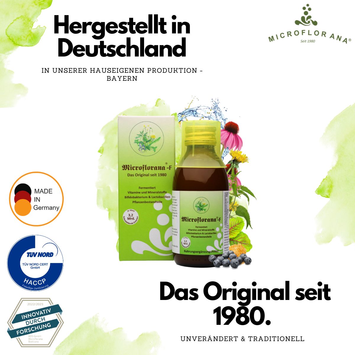 Flasche, Becher und Zutaten. Text: "3,2 Mrd. koloniebildende Einheiten". Logo "Microflorana".