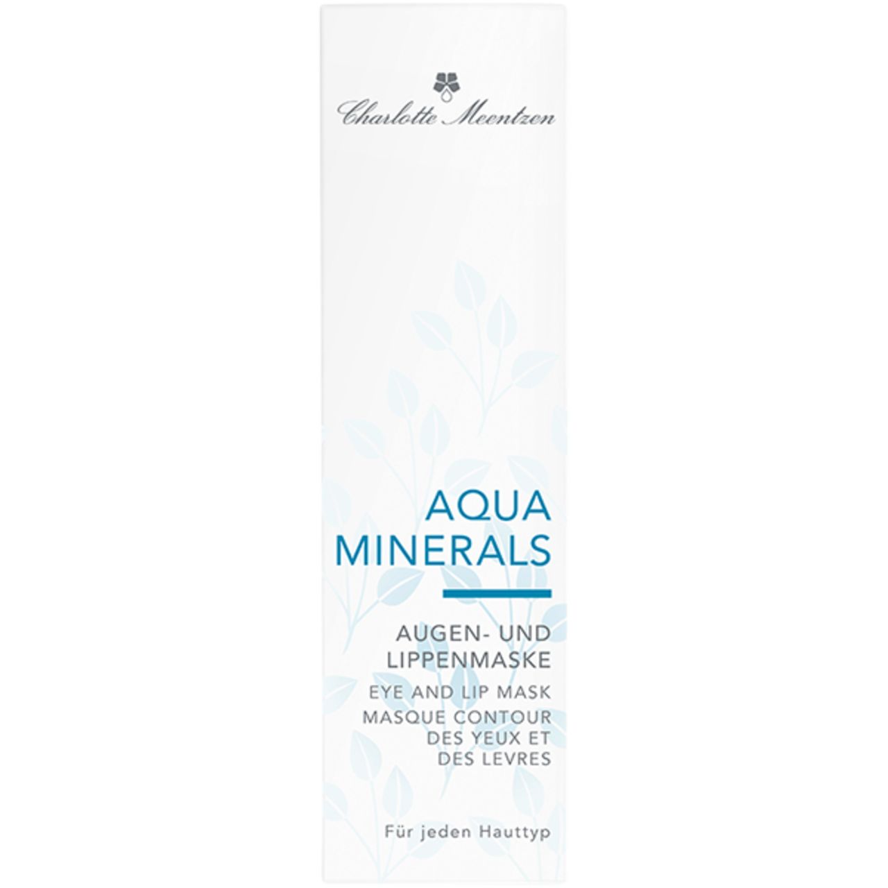 Weiße Verpackung mit Aufschrift: Charlotte Meentzen, Aqua Minerals, Augen- und Lippenmaske. Blätter-Dekor. Für jeden Hauttyp.