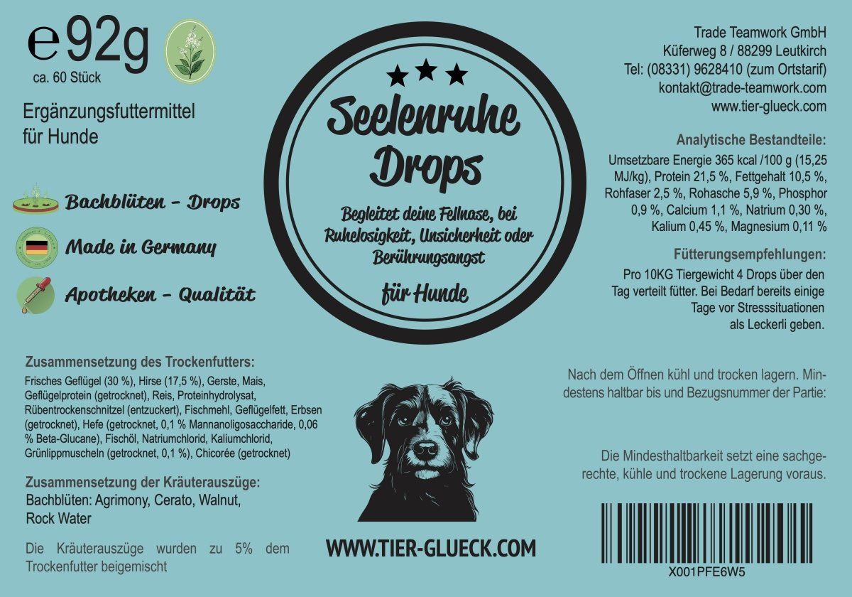 Etikett TierGlück Seelenruhe Drops für Hunde. Aufdrucke: Name, Inhaltsstoffe, Logo, Gewicht 92g, ca. 60 Stück. Begleitet Fellnase bei Unruhe, Unsicherheit.