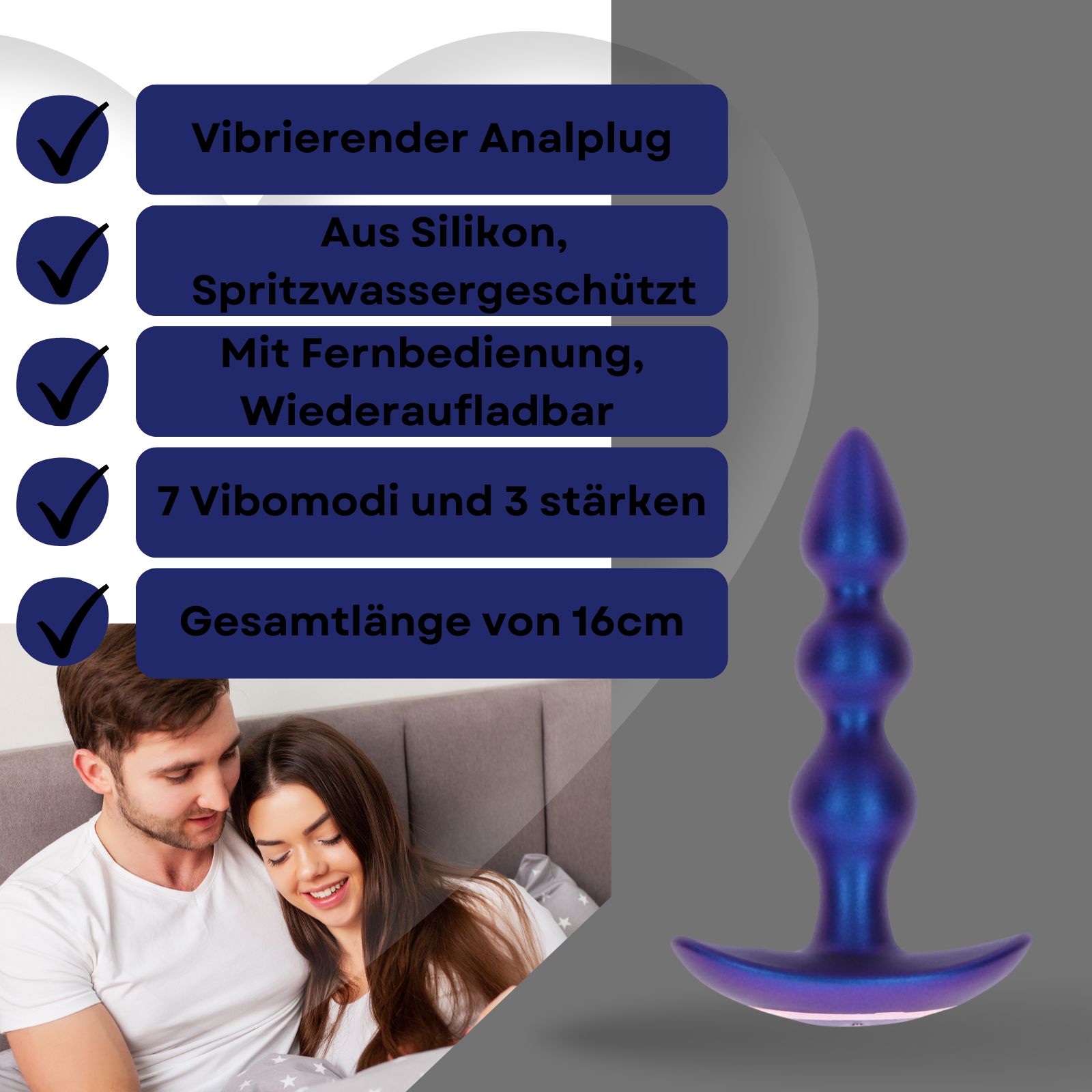 Blauer Analplug, 16 cm lang. Aus Silikon, wasserdicht. Mit Fernbedienung, wiederaufladbar. 7 Vibrationsmodi.
